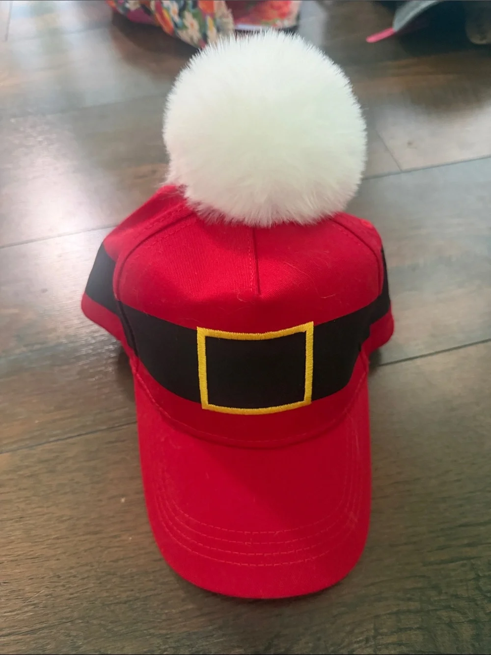 Red Santa Belt Baseball Cap with White Pom